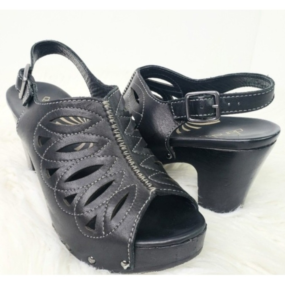 Dansko Rowena Black Leather Cutout Peep Toe 3.5 platform Sandals Women Size 8.5